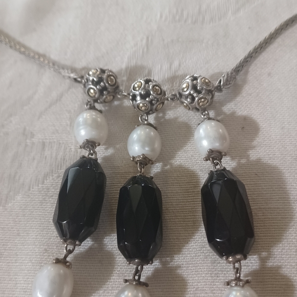 John Hardy Jaisalmer Onyx and Pearl 3 Strand Drop Necklace, SS & 18k - Picture 12 of 14